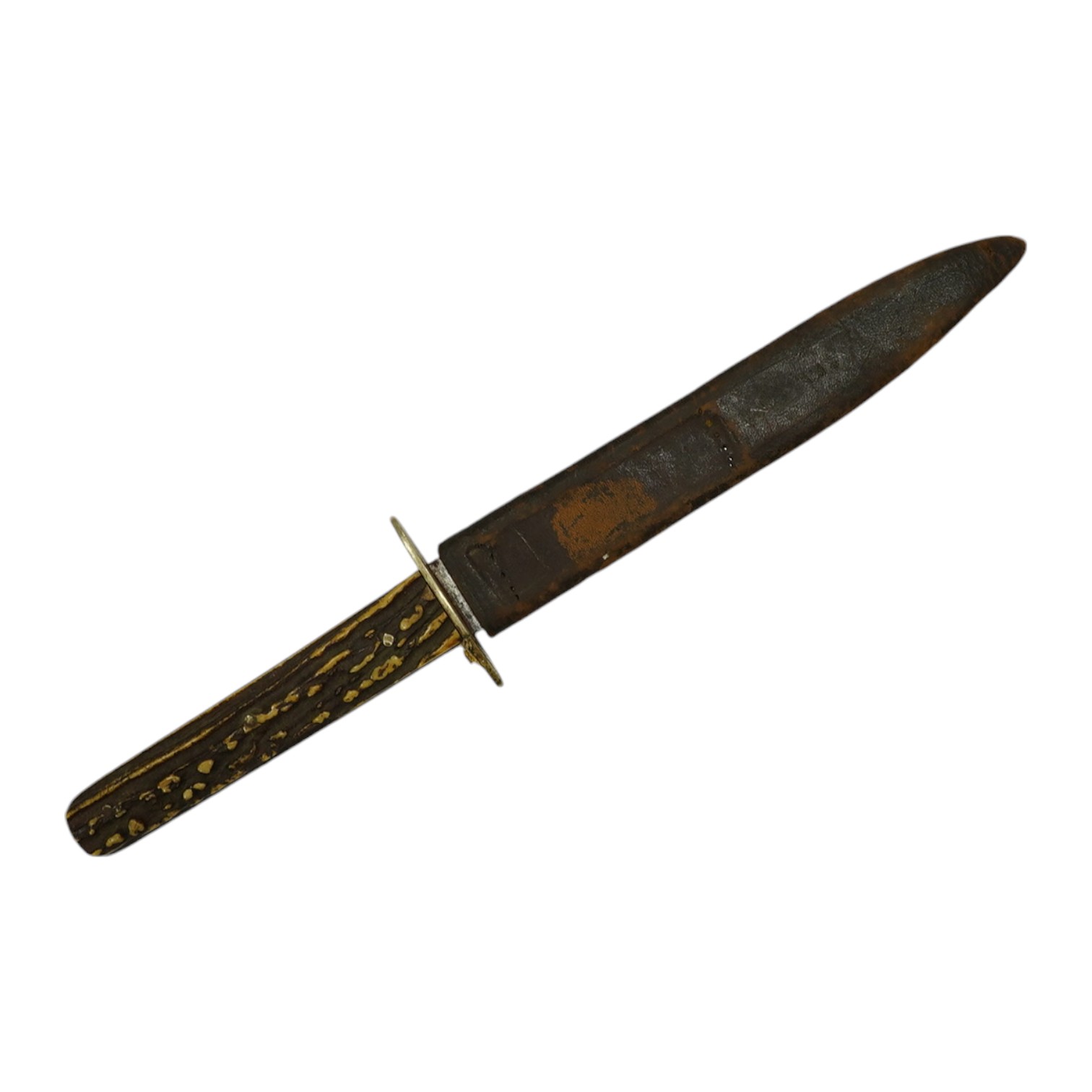 A Hunter of Sheffield, ‘Bugle Knife’ with horn grips, in its leather sheath, blade 15cm. Condition - fair